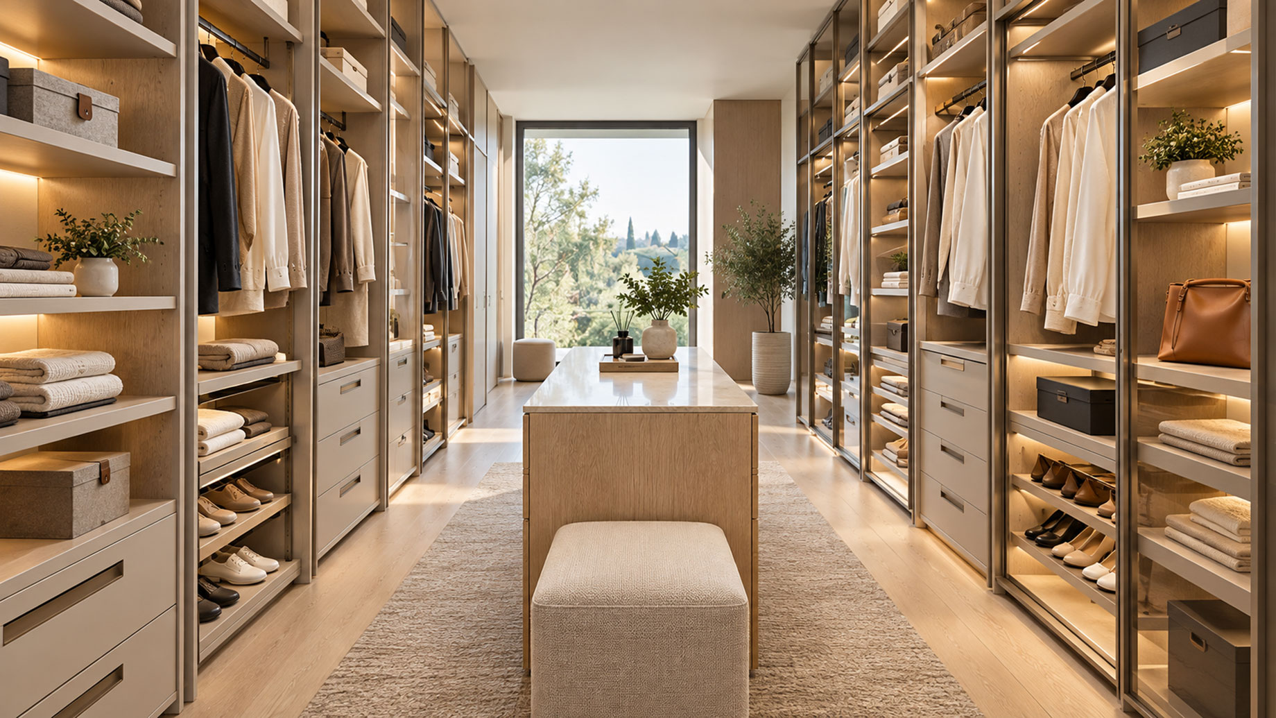 Light wood walk-in closet with illuminated shelves, hanging rails, drawers, shoe storage, and a stone-topped central island.