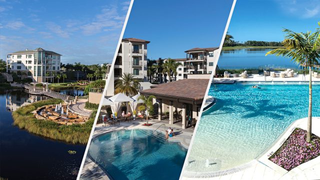 Three-panel view of waterfront residences, landscaped paths, and resort-style pools at Moorings Park Communities in Naples.