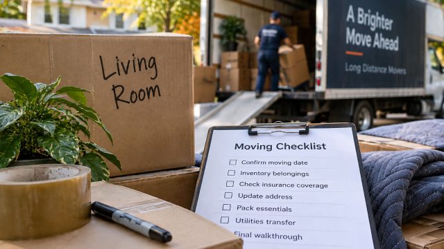 Cardboard moving box labeled Living Room beside a moving checklist, packing tape, and marker, with a professional mover loading boxes into a truck.