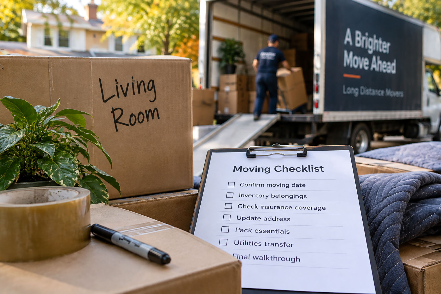 Cardboard moving box labeled Living Room beside a moving checklist, packing tape, and marker, with a professional mover loading boxes into a truck.