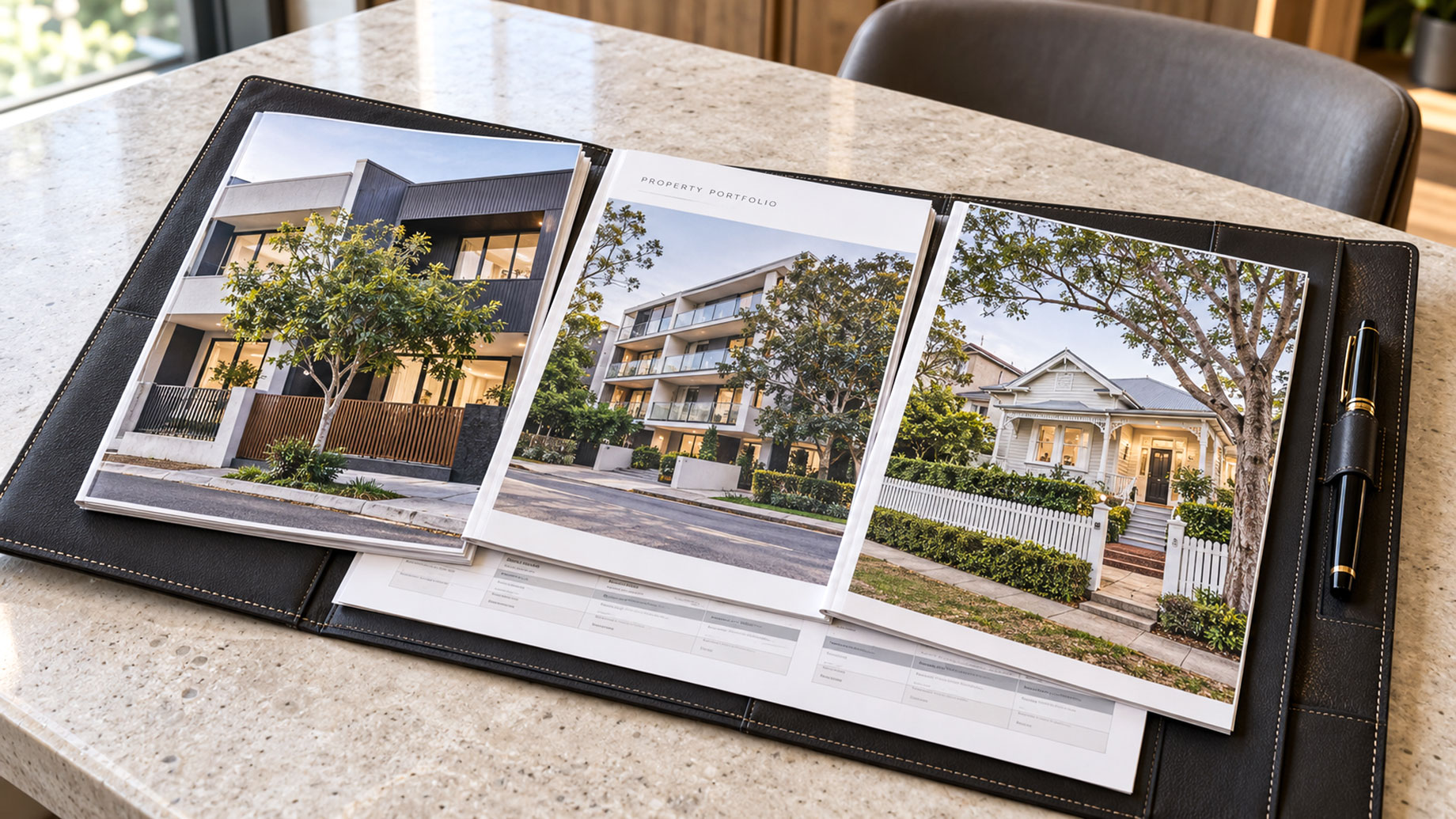 Three residential property photographs and financial documents arranged in a black leather folio on a stone table.