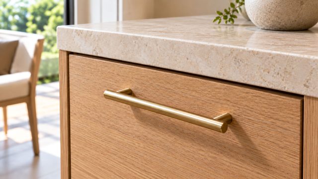 Brass drawer handle on oak cabinetry beneath a cream stone countertop, with a dining chair in the background.