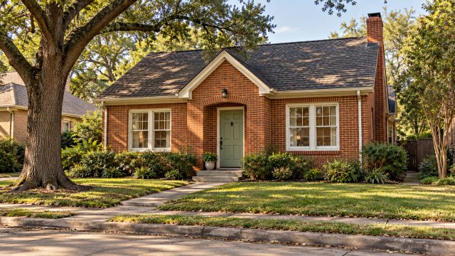 Red-brick cottage with a sage-green front door, white-framed windows and a concrete walkway beneath a mature shade tree.