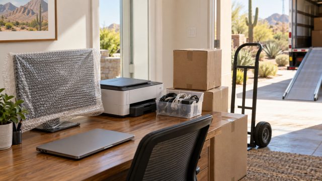 Bubble-wrapped monitor, printer, and laptop on a wooden desk beside moving boxes and a hand truck near an open doorway.