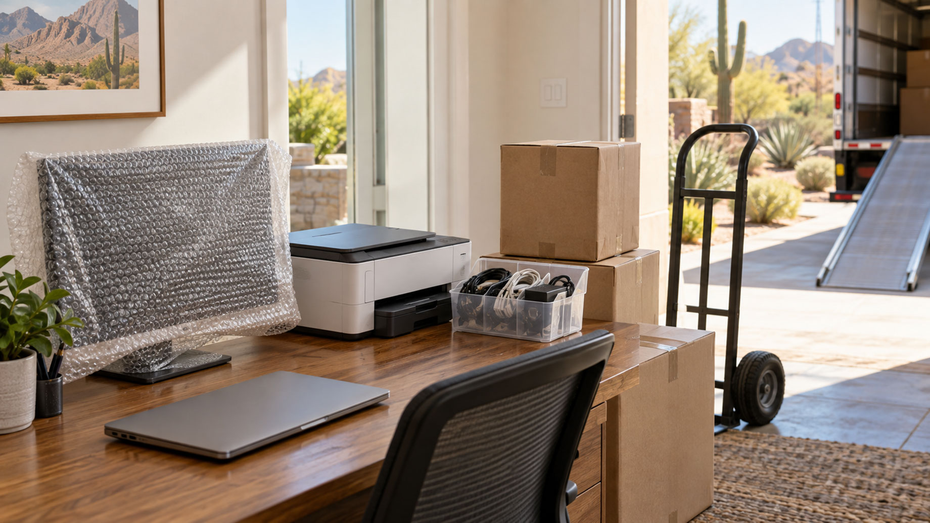 Bubble-wrapped monitor, printer, and laptop on a wooden desk beside moving boxes and a hand truck near an open doorway.