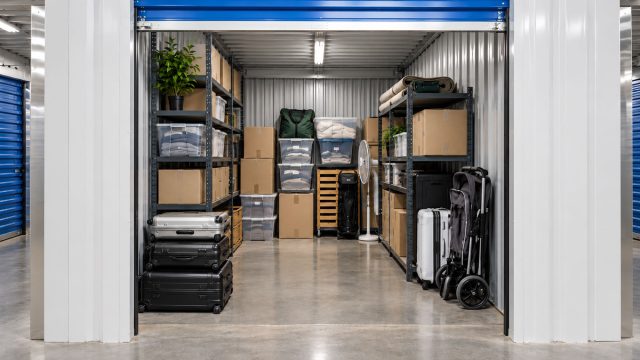 Open self-storage unit with metal shelving, stacked boxes, clear storage bins, suitcases, and an unobstructed central aisle.