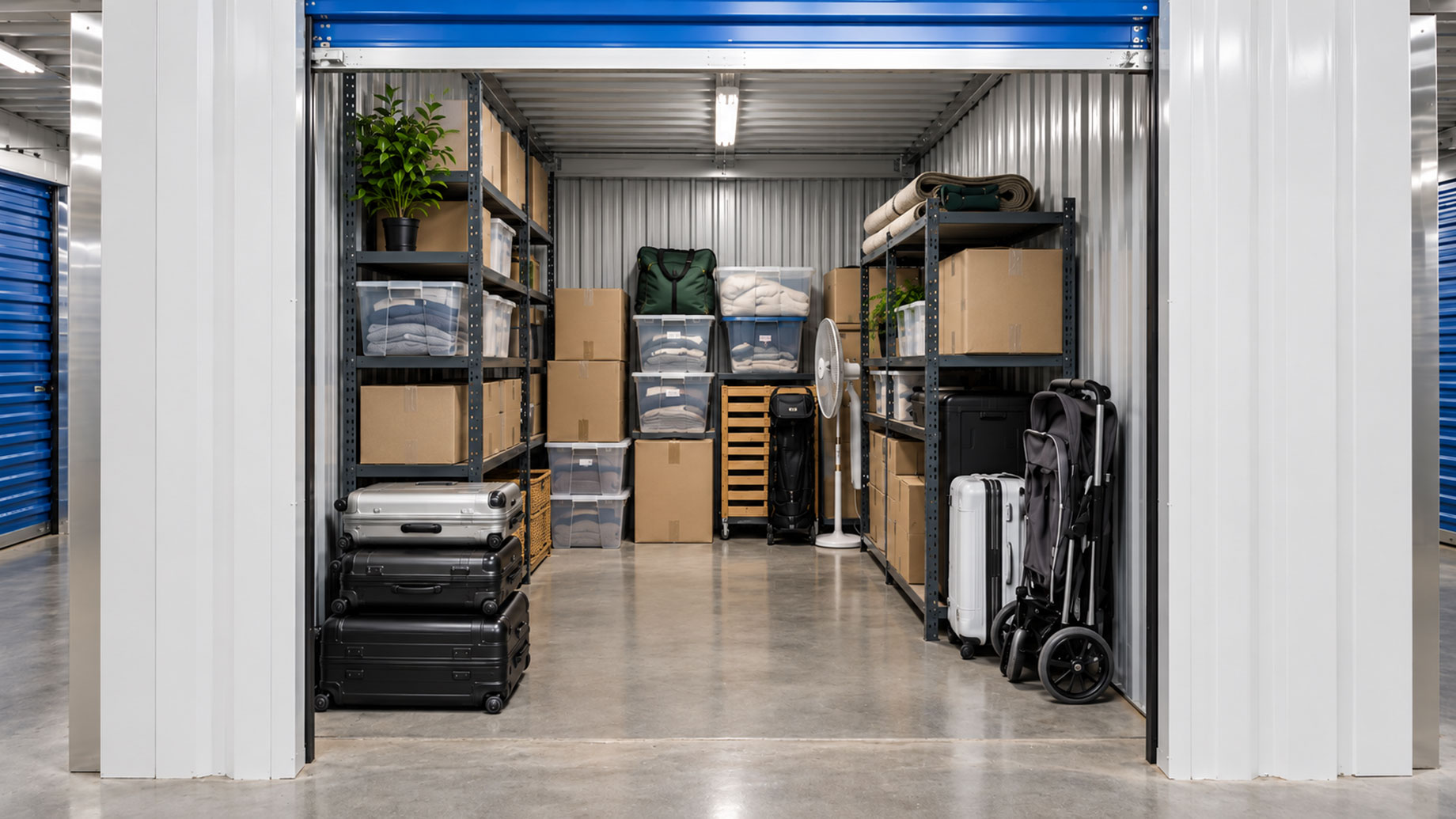 Open self-storage unit with metal shelving, stacked boxes, clear storage bins, suitcases, and an unobstructed central aisle.