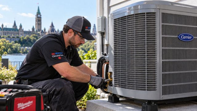 HVAC technician installing a Carrier outdoor air conditioner beside a home, with Ottawa's Parliament Hill visible in the background.