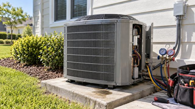 Outdoor air conditioning unit with an open service panel, refrigerant gauges, and a tool bag beside a house.