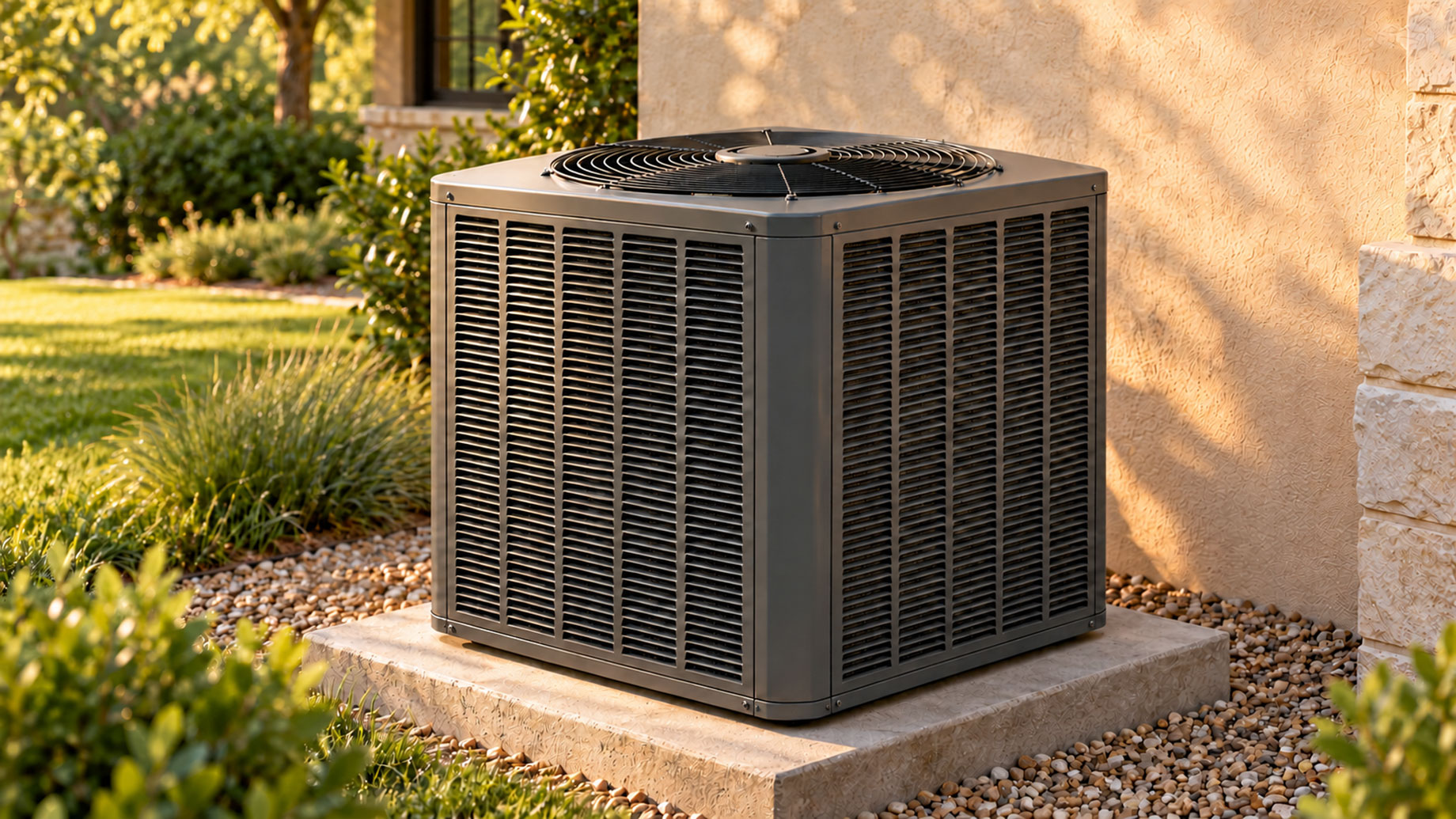 Gray outdoor air conditioning unit on a concrete pad beside a stucco wall, surrounded by gravel and garden planting.