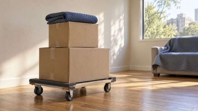 Two cardboard boxes topped with a folded blue moving blanket on a furniture dolly in a sunlit living room.