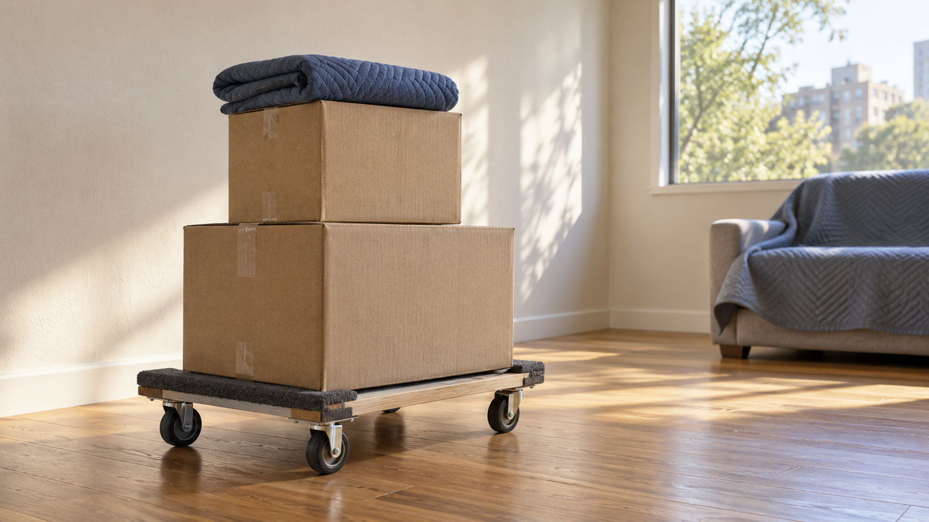 Two cardboard boxes topped with a folded blue moving blanket on a furniture dolly in a sunlit living room.