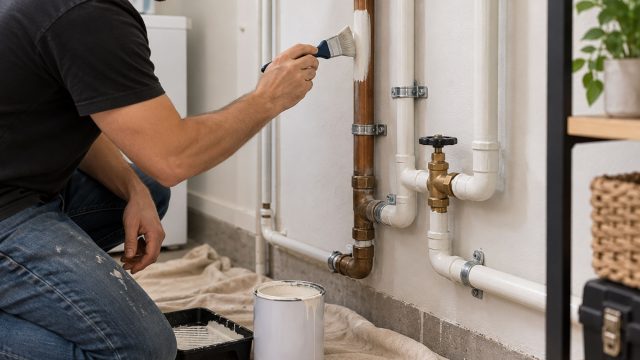 Person brushing white paint onto an exposed copper pipe beside white-painted plumbing in a utility room.