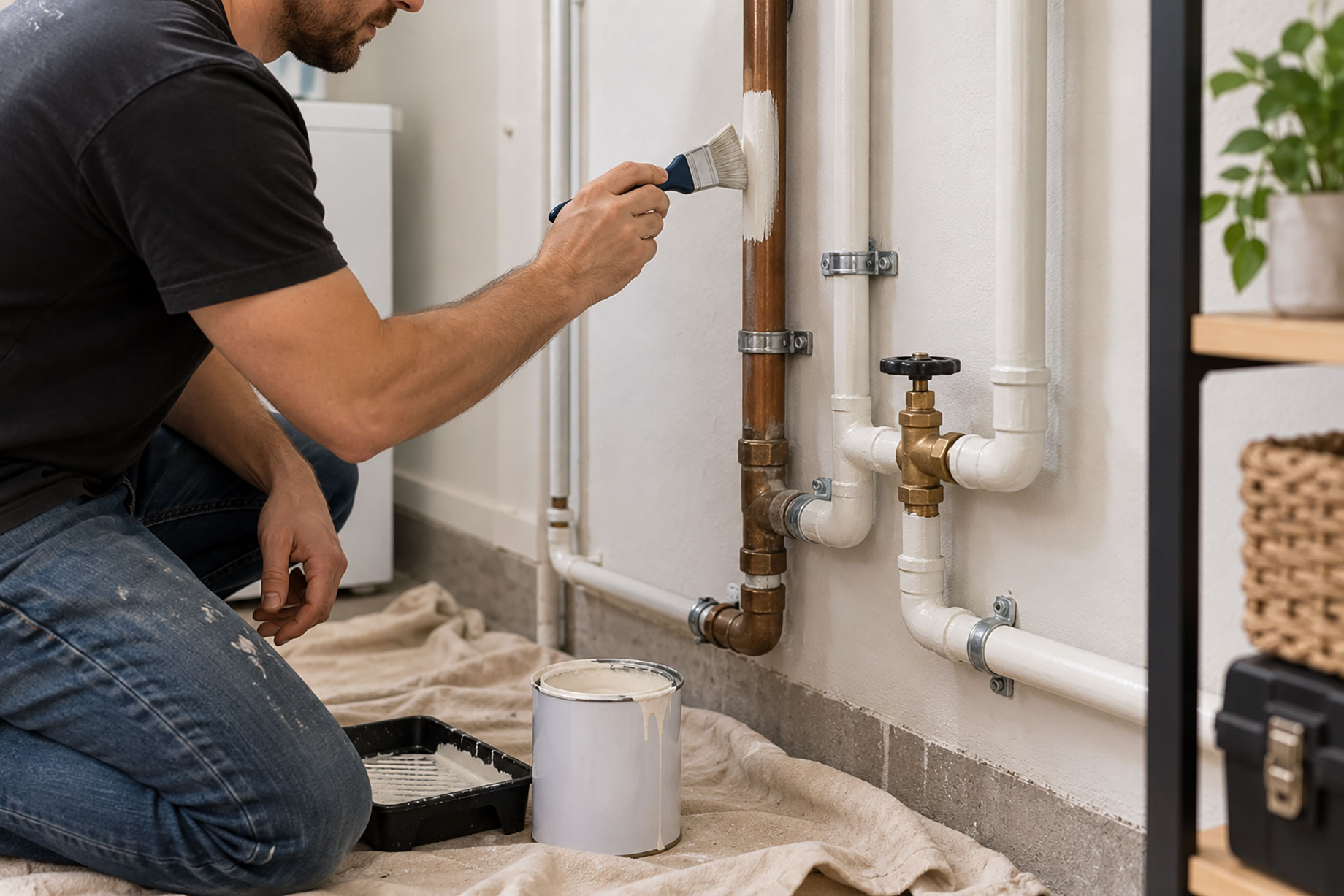 Person brushing white paint onto an exposed copper pipe beside white-painted plumbing in a utility room.