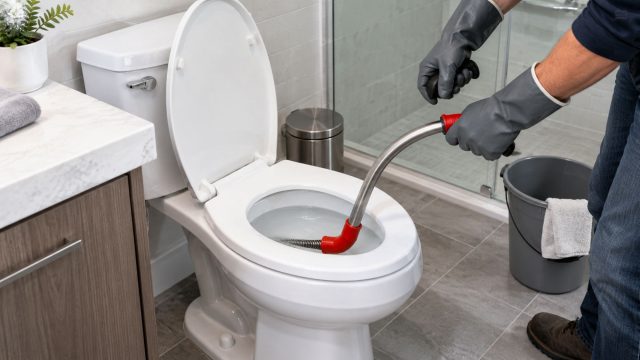 Person wearing gray protective gloves inserting a curved metal toilet auger into a white toilet in a modern tiled bathroom.
