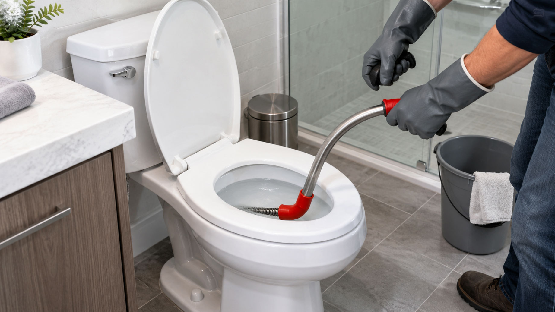 Person wearing gray protective gloves inserting a curved metal toilet auger into a white toilet in a modern tiled bathroom.