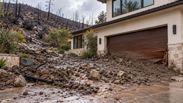 Mud, rocks and charred branches cover a driveway beside a damaged wooden garage door, with a burned hillside behind the home.