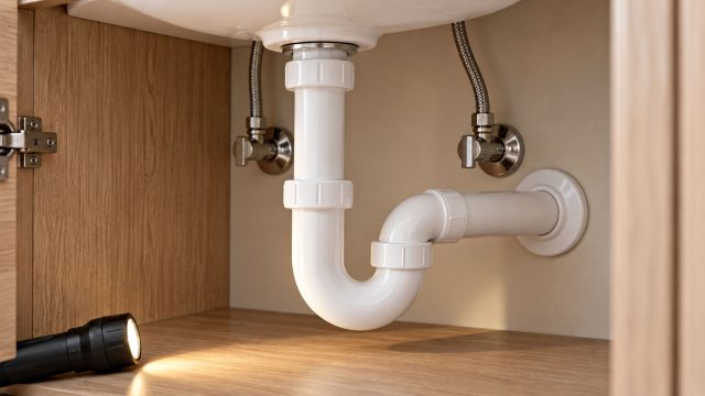 White P-trap, shutoff valves and braided supply lines beneath a bathroom sink, with a flashlight inside an oak vanity cabinet.
