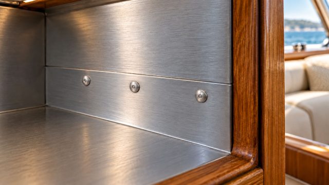 Three rivets secure brushed metal panels inside a teak-framed yacht cabinet, with cream seating and water visible beyond.