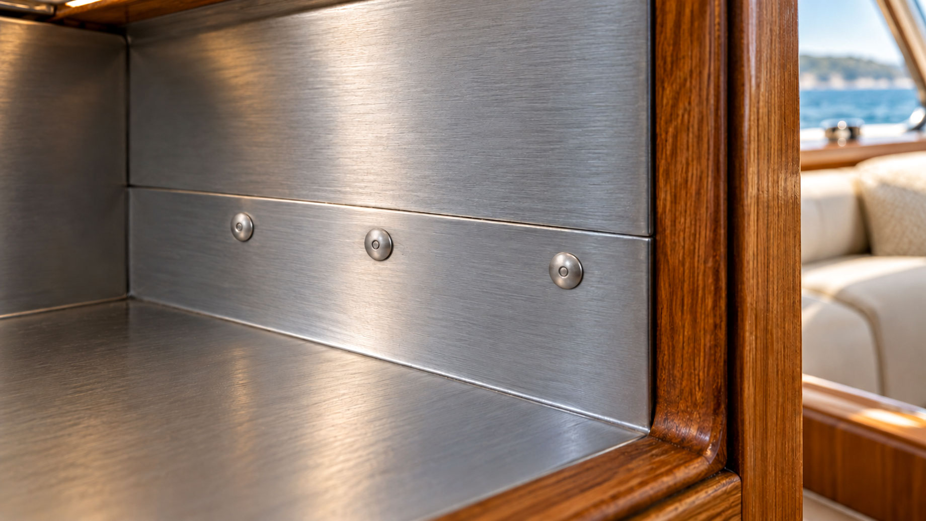 Three rivets secure brushed metal panels inside a teak-framed yacht cabinet, with cream seating and water visible beyond.