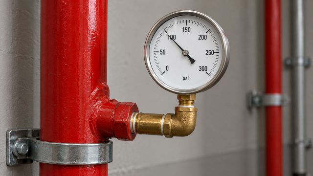 Analog pressure gauge connected by brass fittings to a red fire-protection pipe secured to a gray service-room wall.