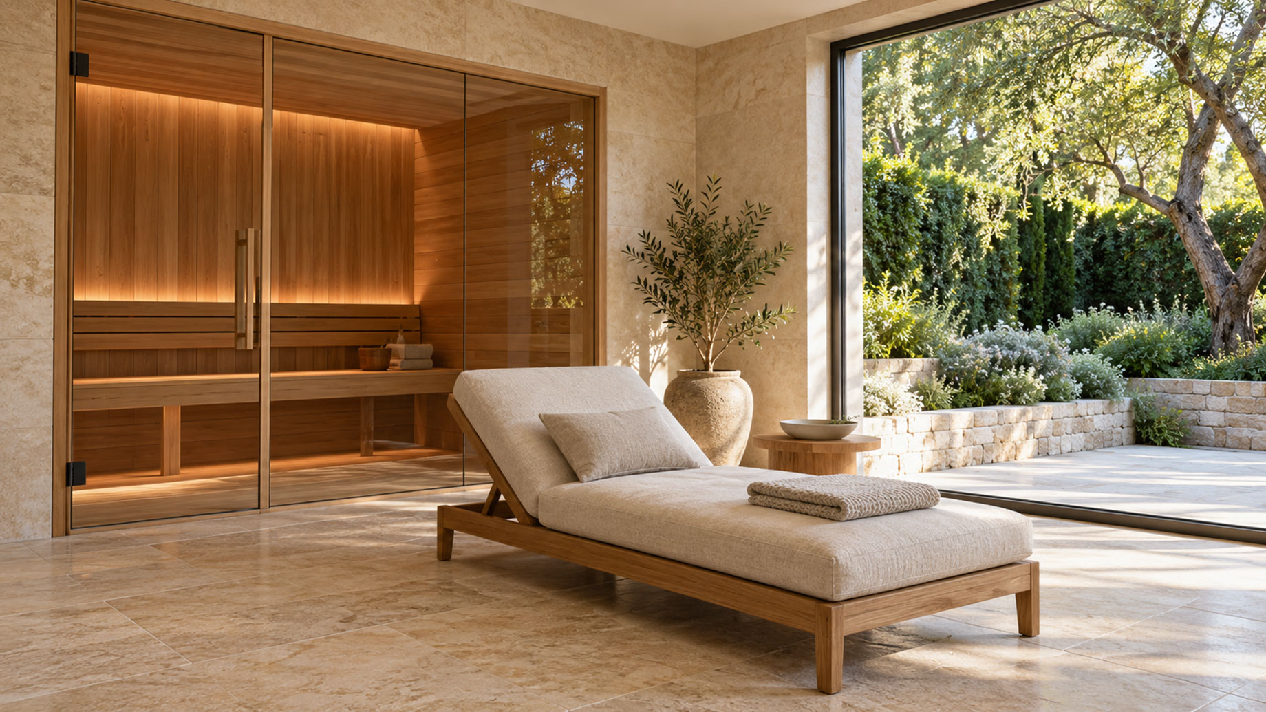 Cream chaise lounge beside a glass-enclosed wooden sauna, with stone flooring and a large window overlooking a leafy garden.