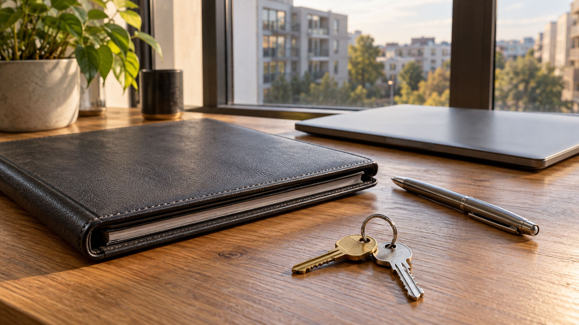 Keys, a pen and a closed black portfolio on a wooden desk beside a closed laptop, with apartment buildings visible through the window.