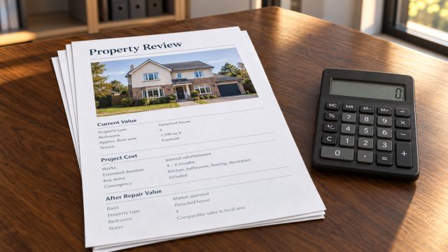 Printed property review featuring a house photograph beside a calculator on a sunlit walnut desk.