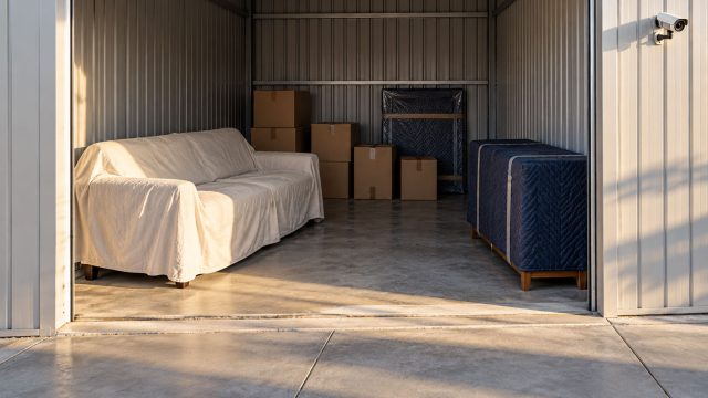 Covered sofa, blanket-wrapped furniture and stacked boxes inside an open storage unit, with a security camera beside the entrance.