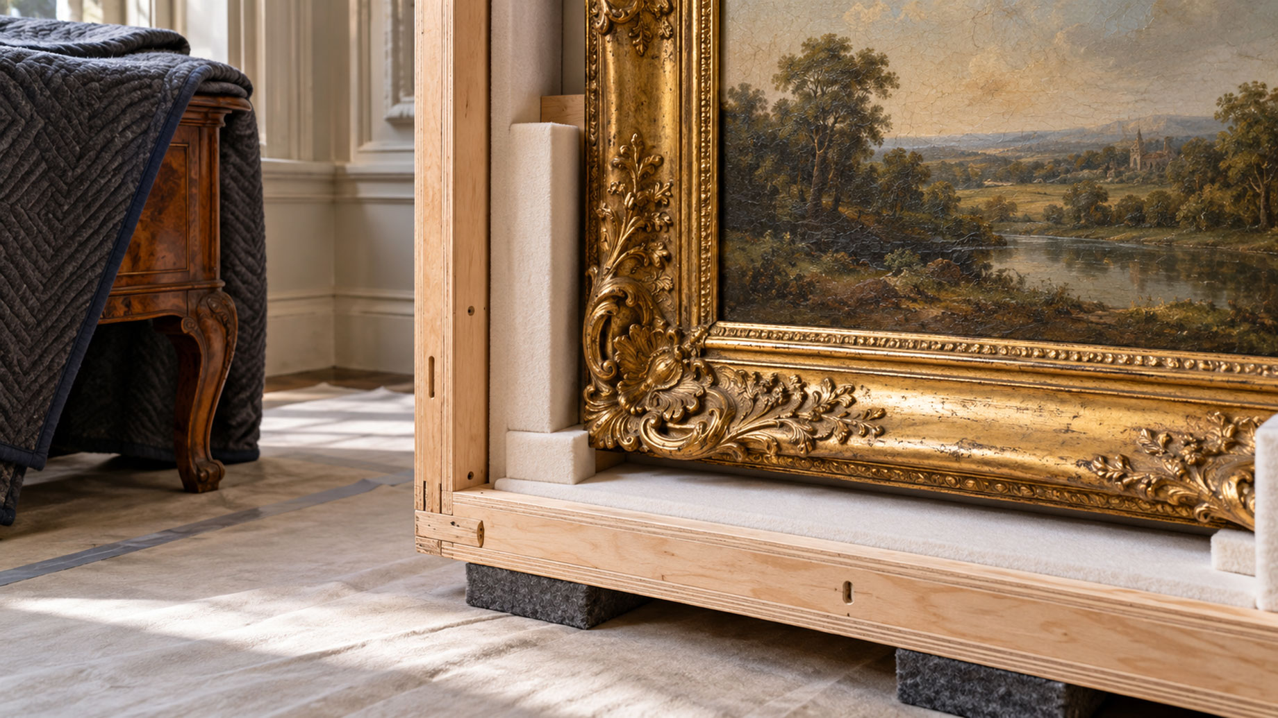 Gilded landscape painting cushioned in a wooden crate beside an antique cabinet covered with a quilted moving blanket.