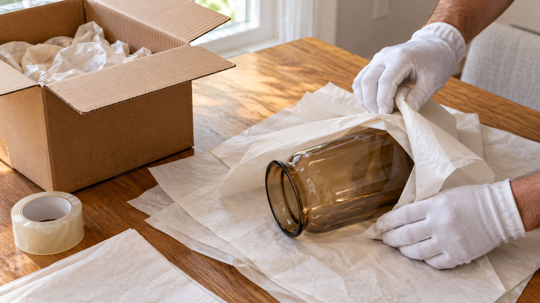 White-gloved hands wrapping an amber glass vase in packing paper beside an open moving box and clear tape.