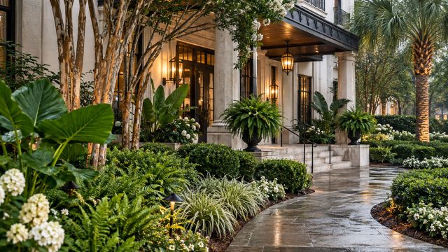 Ferns, shrubs, and palms border a wet stone walkway leading to a columned entrance with potted ferns and glowing lanterns.