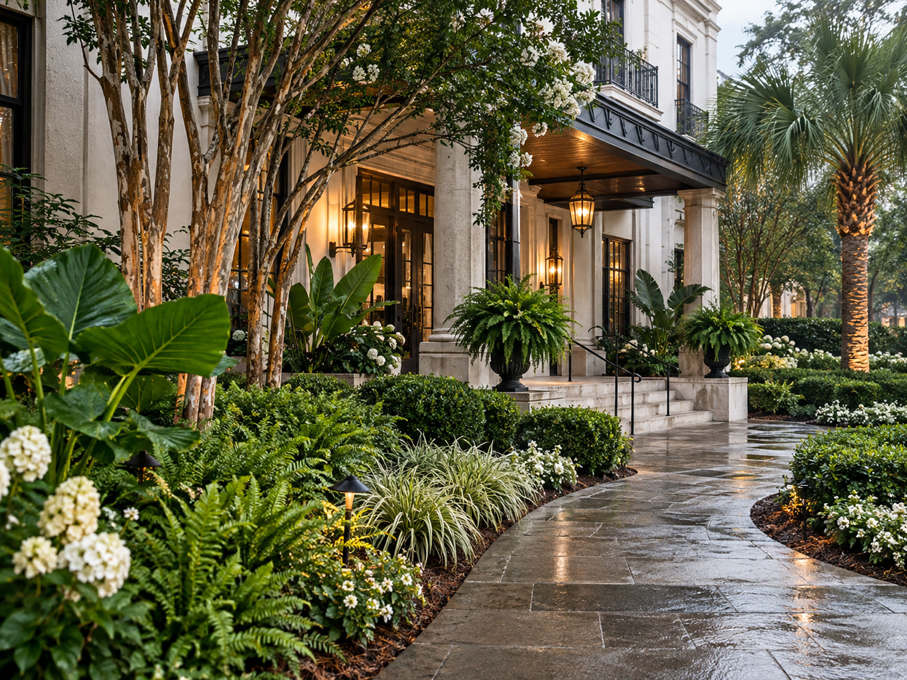 Ferns, shrubs, and palms border a wet stone walkway leading to a columned entrance with potted ferns and glowing lanterns.