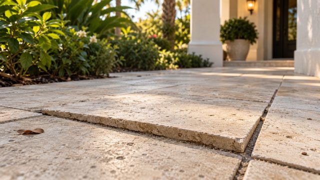 Stone paver with a raised edge on a walkway leading to a home’s entrance, bordered by tropical planting.