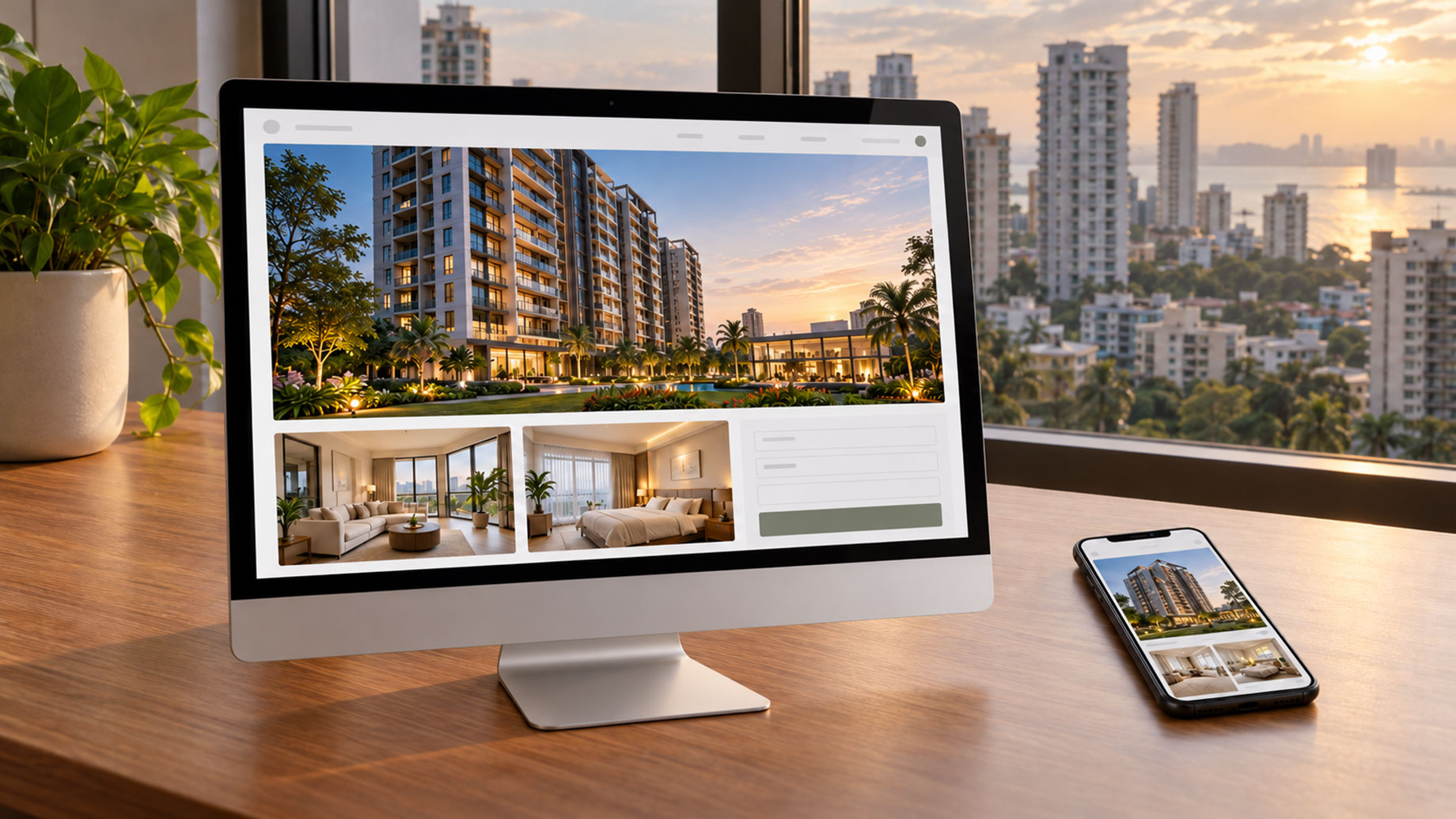 iMac and smartphone displaying property pages on a wooden desk beside a window overlooking a coastal city skyline.