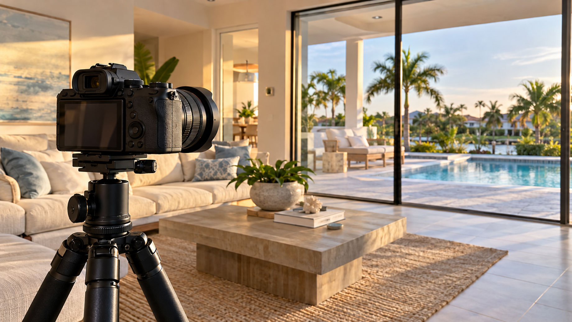 Camera on a tripod in a bright living room, with a pool and palm trees visible through sliding glass doors.