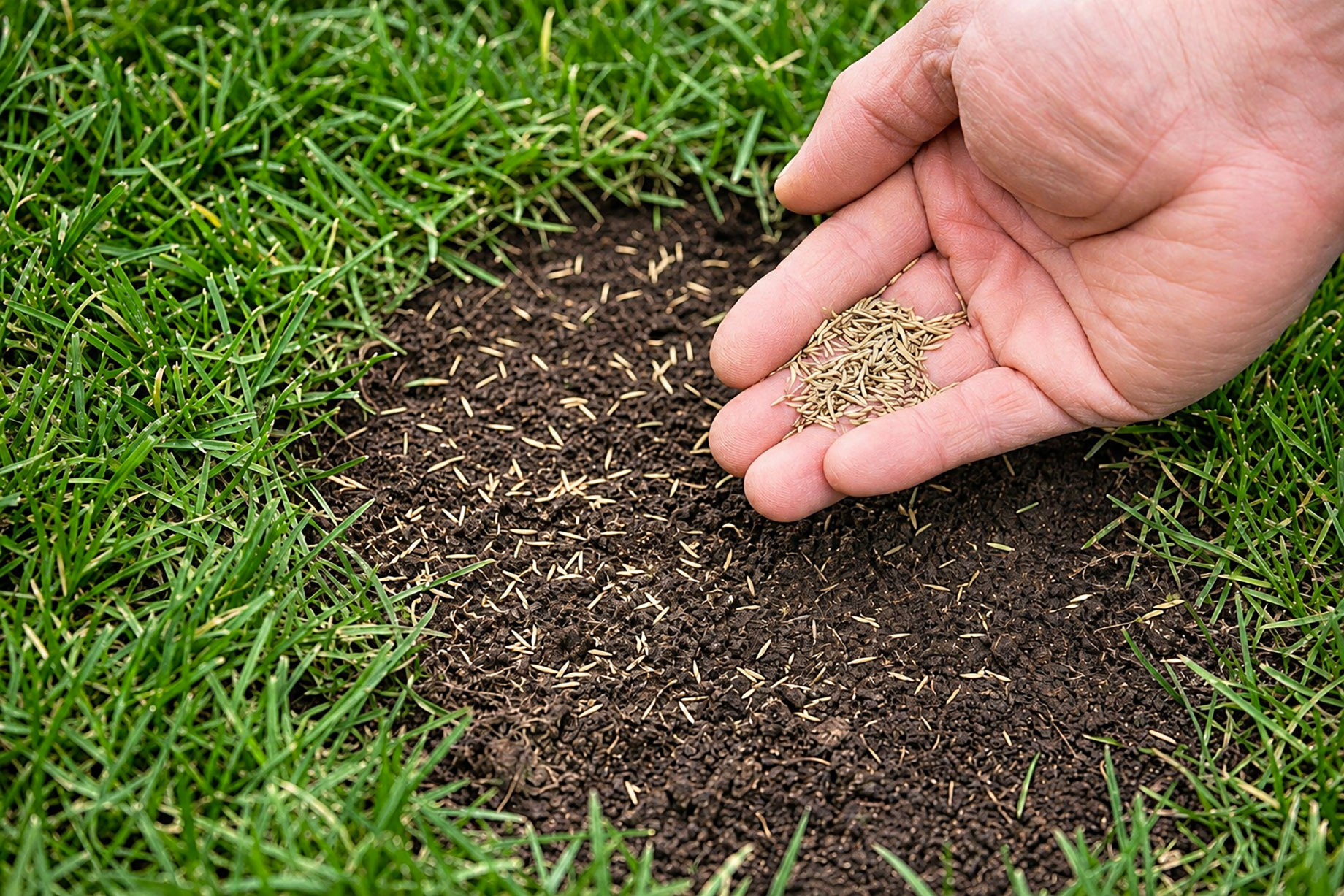 Hand holding grass seed above a bare soil patch surrounded by green lawn, with seeds scattered across the soil.