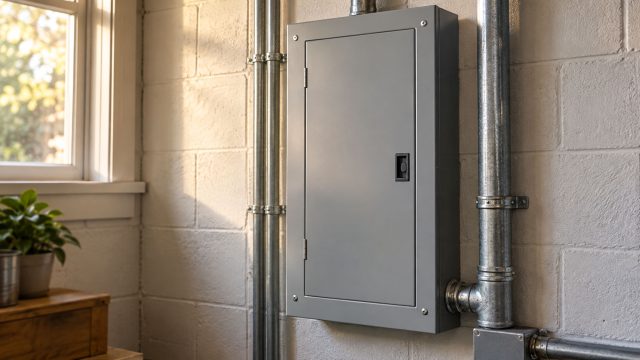 Closed gray electrical panel with metal conduit on a painted masonry wall beside a sunlit window.