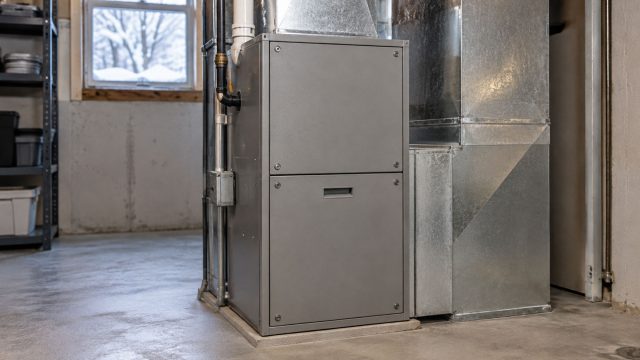 Gray residential furnace with metal ductwork in a basement utility room, with snow visible through a small window.