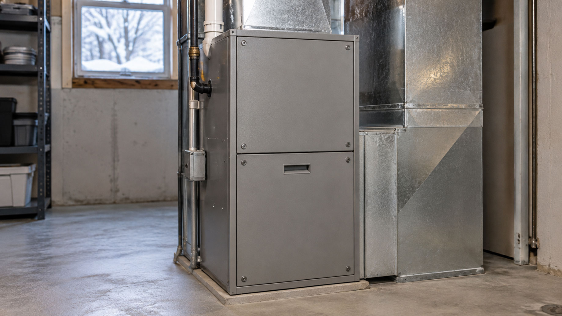 Gray residential furnace with metal ductwork in a basement utility room, with snow visible through a small window.