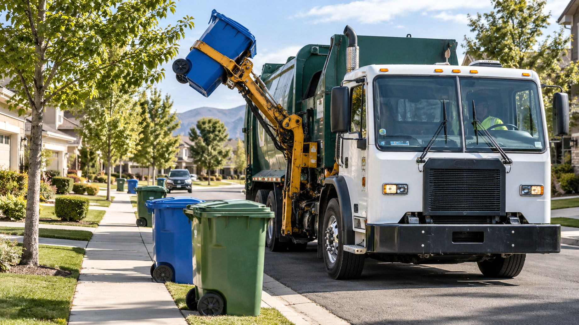 Garbage truck lifting a blue recycling cart on a tree-lined suburban street with additional waste bins set out for collection.