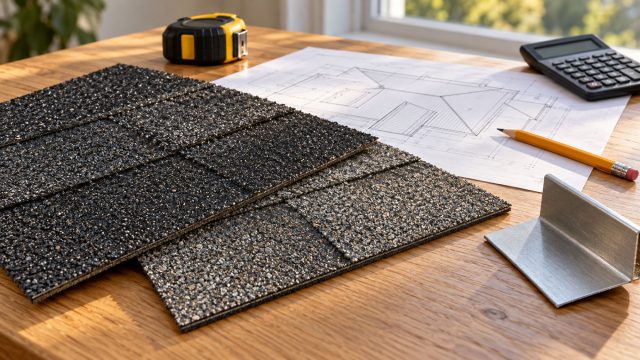 Asphalt shingle samples and metal flashing beside a roof drawing, calculator, pencil and tape measure on a sunlit wooden table.
