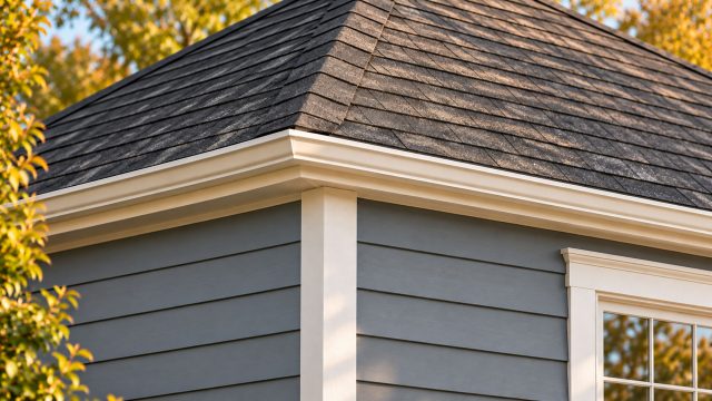 Close-up of charcoal roof shingles, blue-gray lap siding, white corner trim and a window framed by autumn foliage.