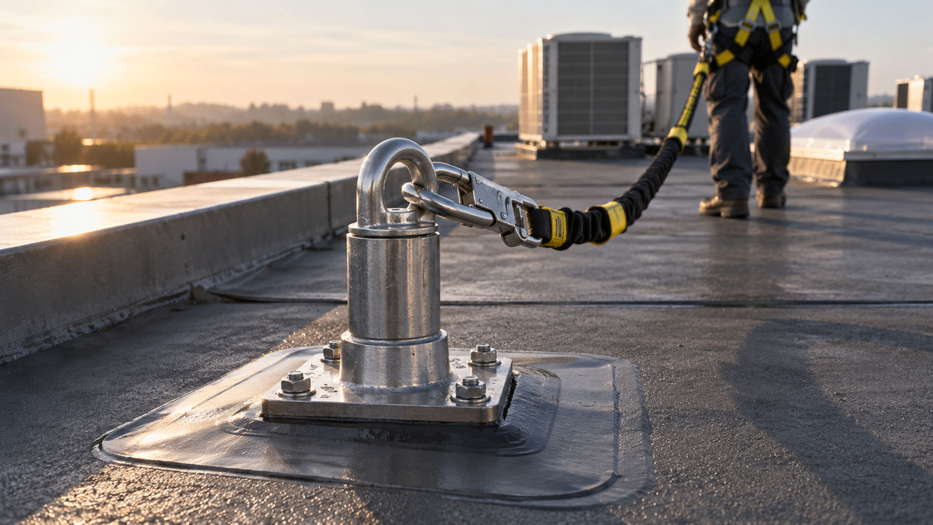 Galvanized steel rooftop anchor with a secured carabiner and safety lanyard connected to a worker wearing a fall-protection harness on a commercial roof.