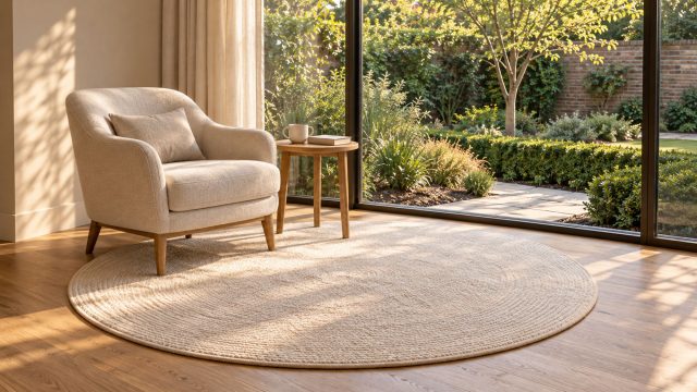Cream armchair and round ivory rug beside large windows overlooking clipped hedges, a stone path and a leafy garden tree.