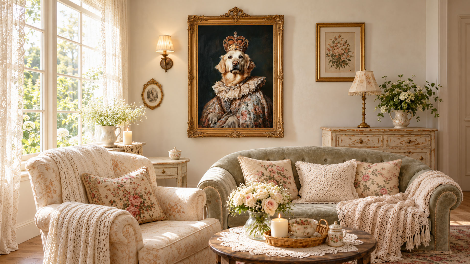 Gold-framed portrait of a crowned golden retriever in a living room with a sage sofa, floral cushions and crocheted throws.