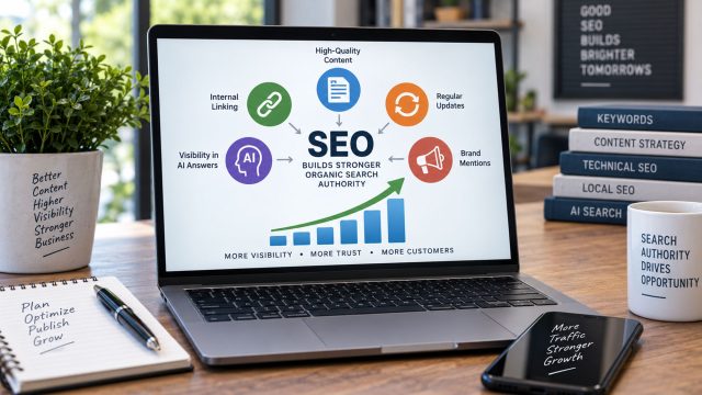Laptop displaying an SEO diagram linking content, internal links, updates, AI visibility, and brand mentions to search authority.