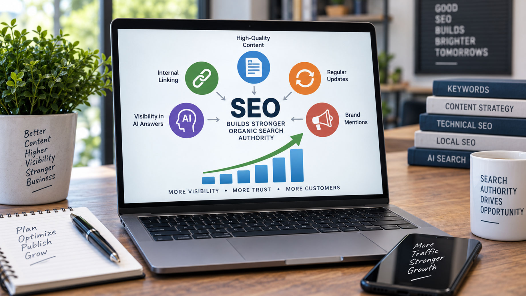 Laptop displaying an SEO diagram linking content, internal links, updates, AI visibility, and brand mentions to search authority.