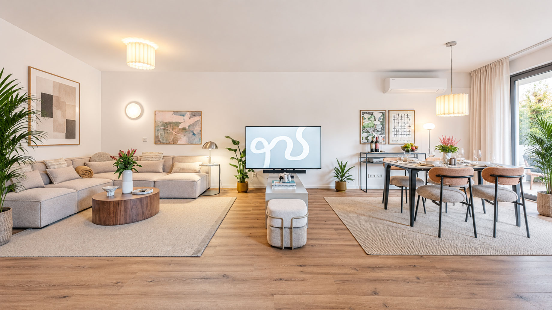 Furnished apartment with a beige sectional sofa, round wooden coffee table, television, and dining area beside large windows.