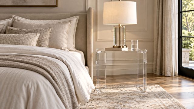 Clear acrylic nightstand with a lamp, books, and a water glass beside a cream upholstered bed and full-length curtains.
